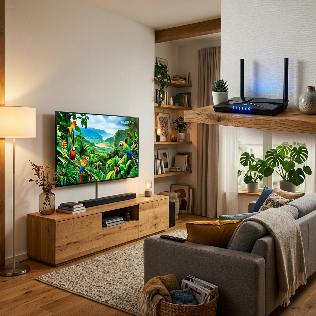 Televisão grande sintonizada e roteador Wi-Fi moderno transmitindo sinal rápido