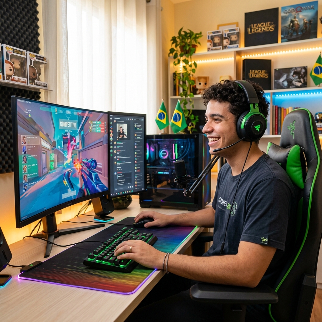 Jovem gamer sorridente jogando online com ping ultra baixo